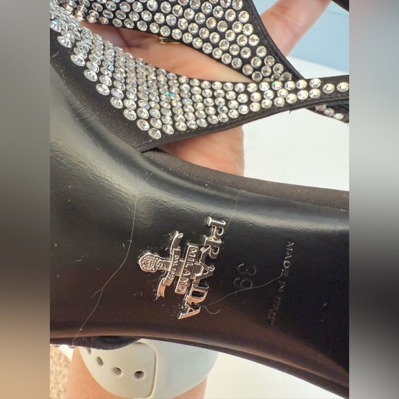 PradaBlack Satin Leather Jewel embellished Triangle logo slingback pumps EU 39 - Picture 11 of 14